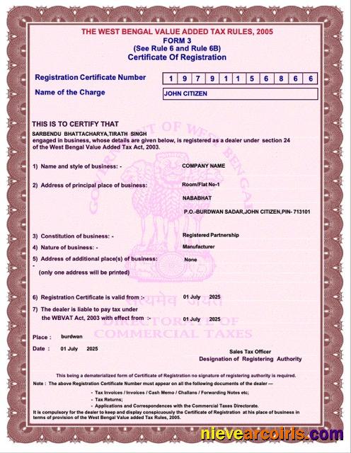 India West Bengal certificate of registration